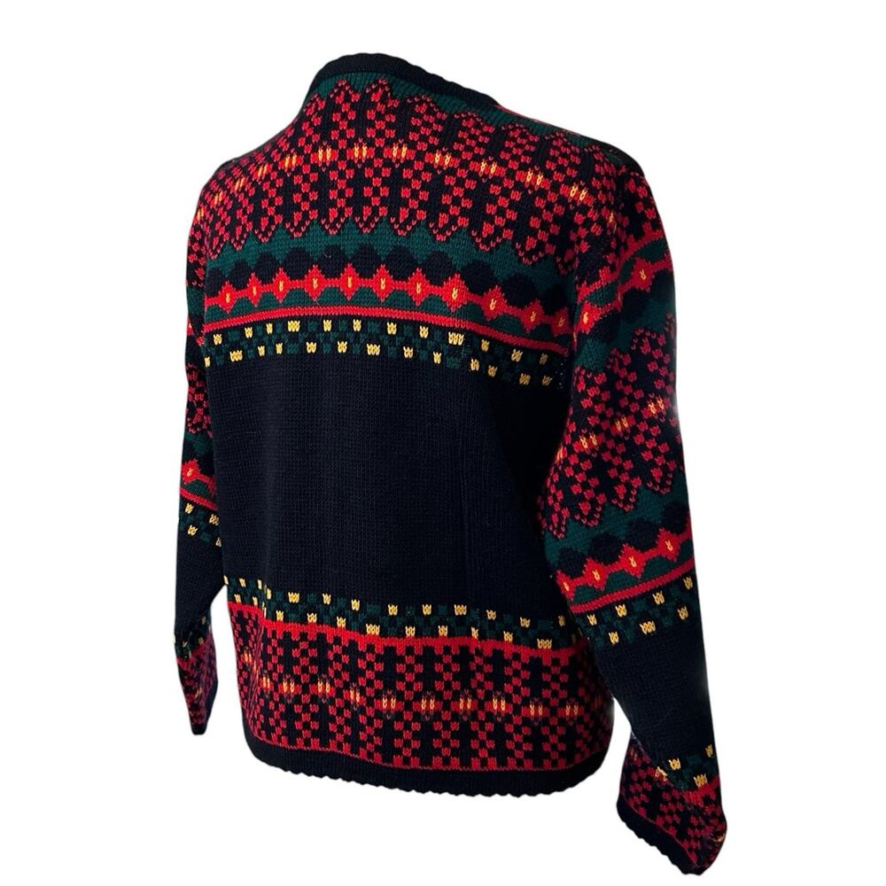 Vintage 80s Dog Fair Isle Cardigan Navy Red Gold Buttons Novelty Knit L - Picture 14 of 14